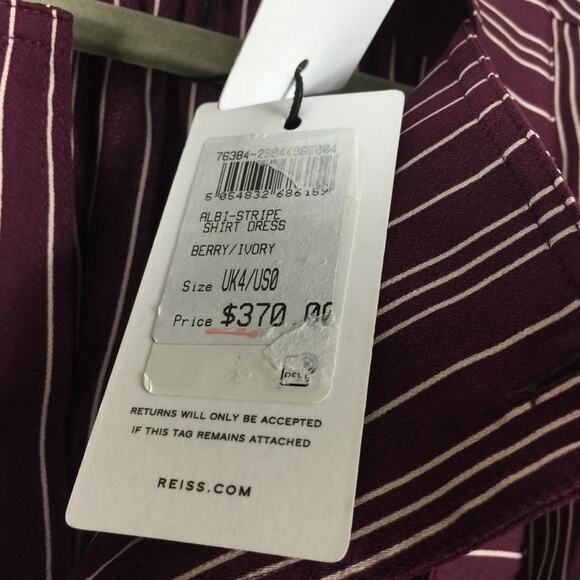 NWT Reiss Albi Burgundy Striped Shirt Dress Size 0 Tie Waist Button Workwear - Picture 6 of 16